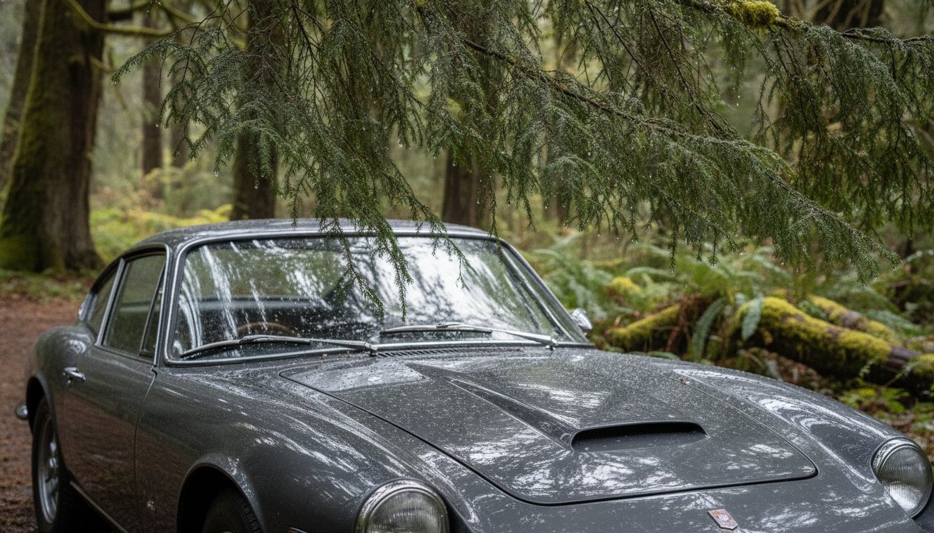 Rain beading on a car finish under Pacific Northwest tree cover, the conditions vinyl wraps live in around Kent and Seattle