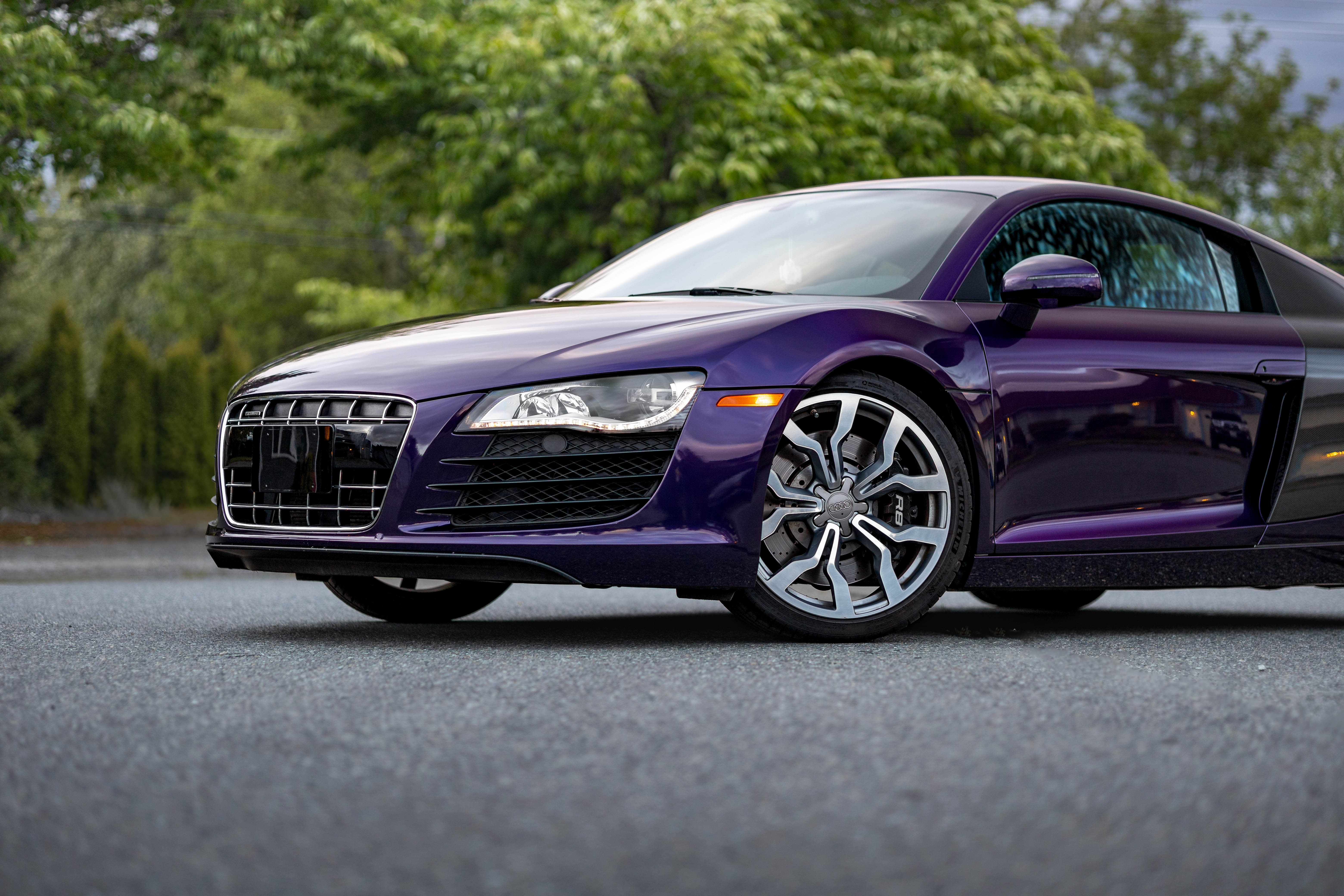 Purple Audi R8 close-up showing Inozetek wrap depth