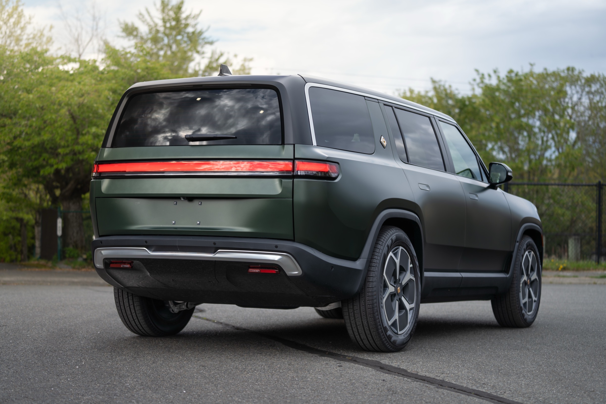 Factory rear light bar on a Rivian R1S at the SeaWraps shop in Kent