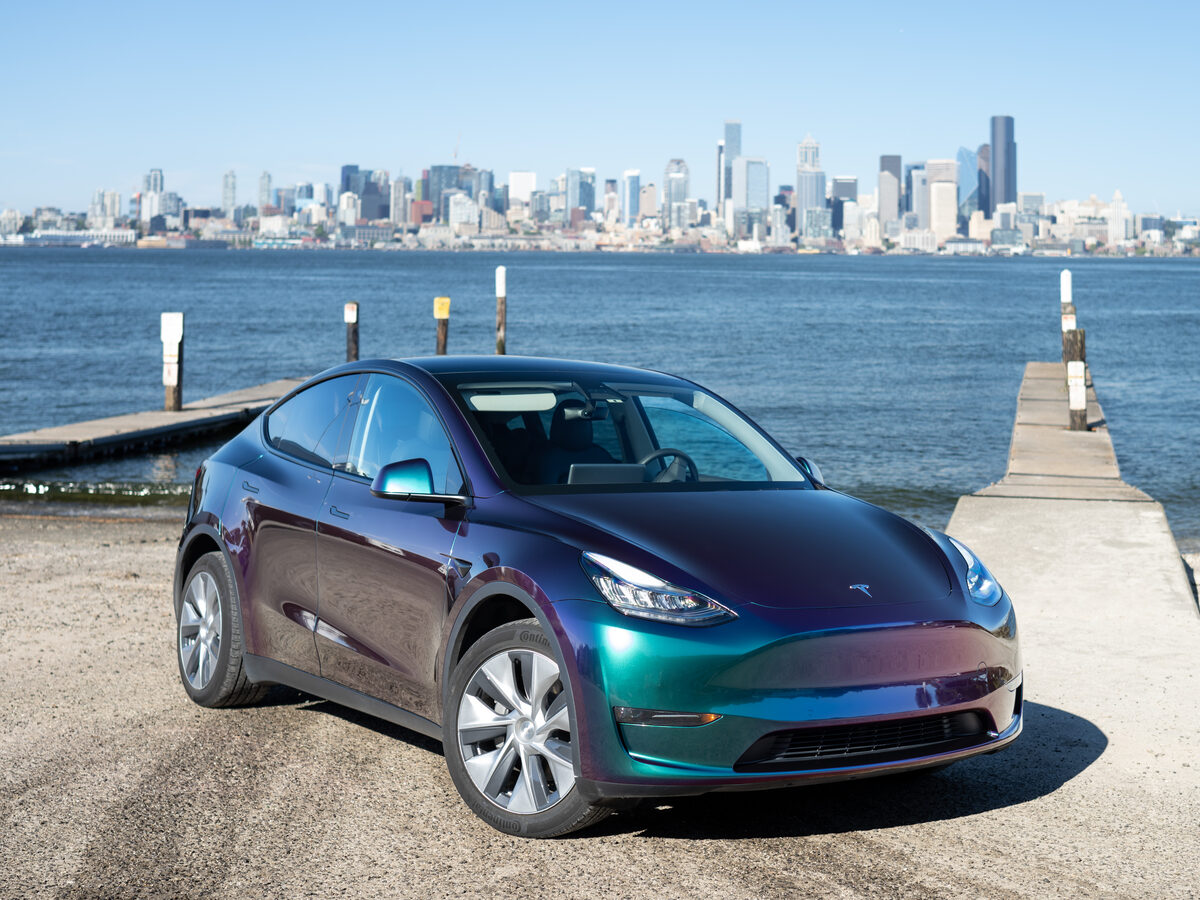 Tesla Model Y Gloss Green Galaxy wrap by SeaWraps
